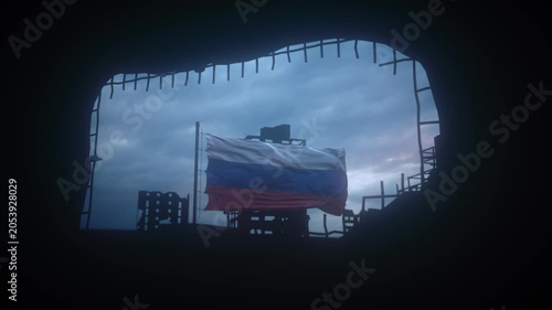 Russian Tricolor Flag Waving in Ruined Urban Silhouette at Dusk