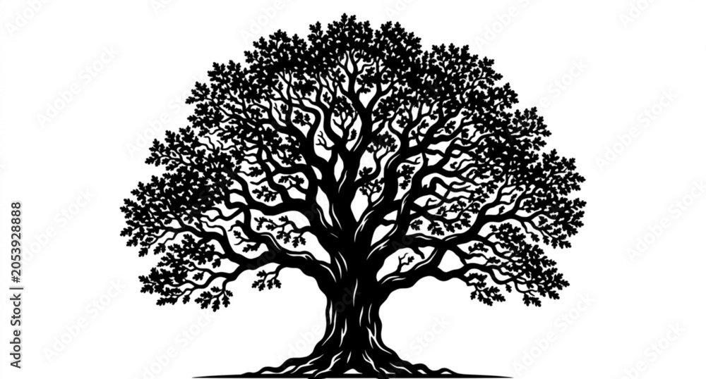 Fototapeta premium Black oak tree silhouette with detailed branching structure vector isolated on white