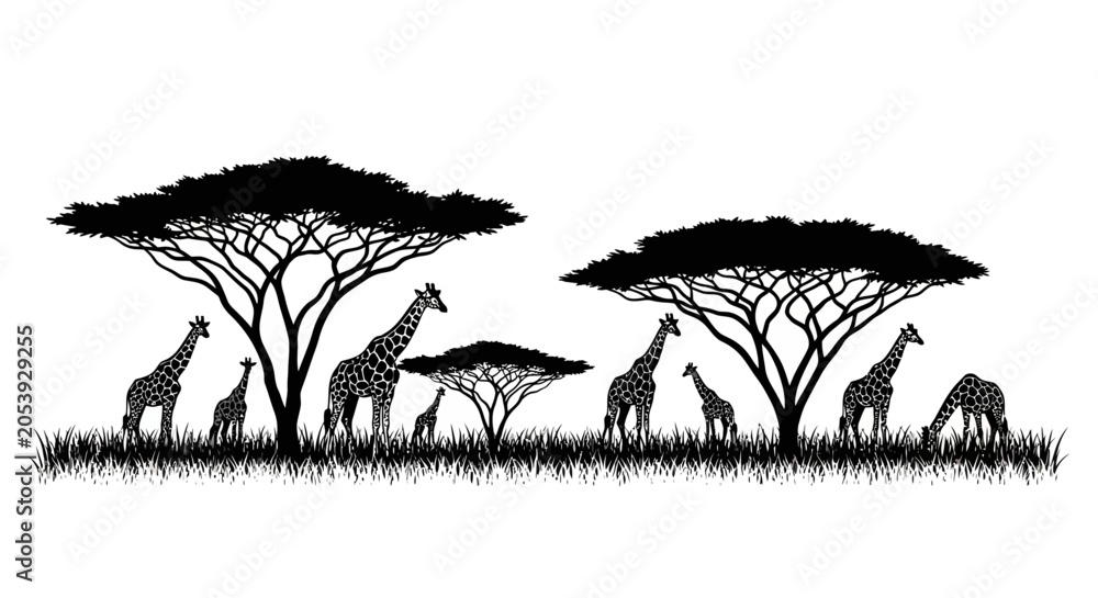 Φωτογραφία Silhouettes of African wildlife including giraffes and antelopes under acacia trees in savannah landscape