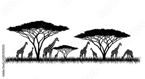 Canvas Print Silhouettes of African wildlife including giraffes and antelopes under acacia trees in savannah landscape