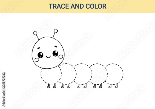 Cute kawaii caterpillar tracing worksheet for preschool children. Educational activity page for connecting circles, developing fine motor skills, coordination and early learning.