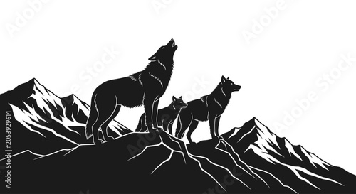 Obraz na płótnie Silhouettes of two wolves standing on rocky mountain terrain under a clear sky