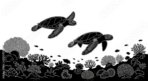 Two sea turtles swimming above a coral reef in black and white illustration.