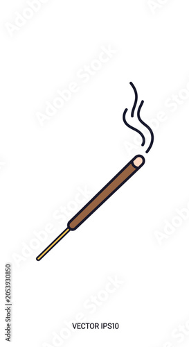 Burning Incense Stick with Smoke Trails, Isolated on White Background