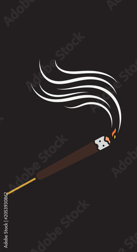 Burning Incense Stick with Smoke Wisps on Black Background