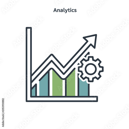 Business Analytics Graph with Upward Trend Arrow and Gear Icon