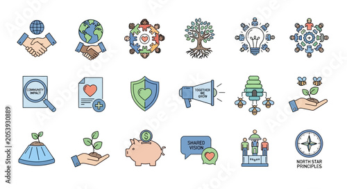 Business Ethics Icons: Sustainability, Teamwork, Innovation, Charity, Growth