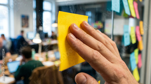 Hand placing sticky note on glass wall