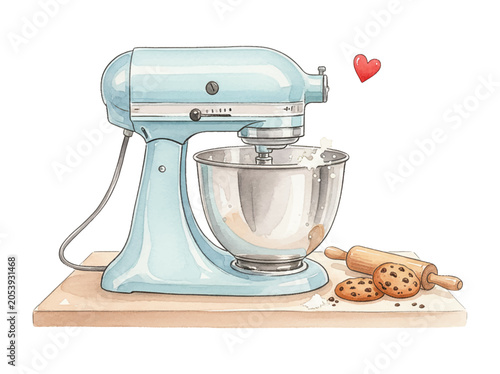 Light blue stand mixer blending ingredients with fresh baked cookies and a rolling pin on a wooden board