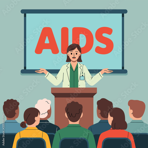 Female doctor giving educational presentation about aids to an audience