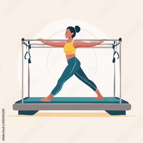 Woman Performing Pilates Exercise on Reformer Machine