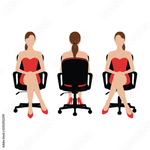 Professional woman sitting on office chair from different angles set