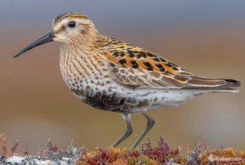 Dunlin bird standing on ground with blurred background.