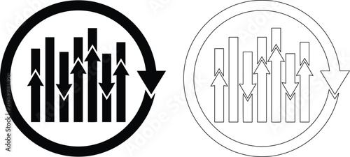 Foto Set of black solid silhouette and thin line outline icons representing market vo