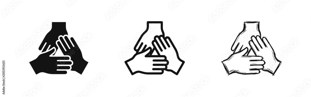 Obraz premium Joined Hands Teamwork Icon Set Representing Cooperation and Unity in Various Styles