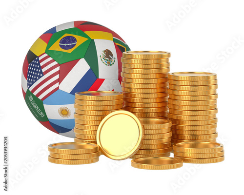 Soccer ball and stacks of coins on white background. Isolated 3D illustration