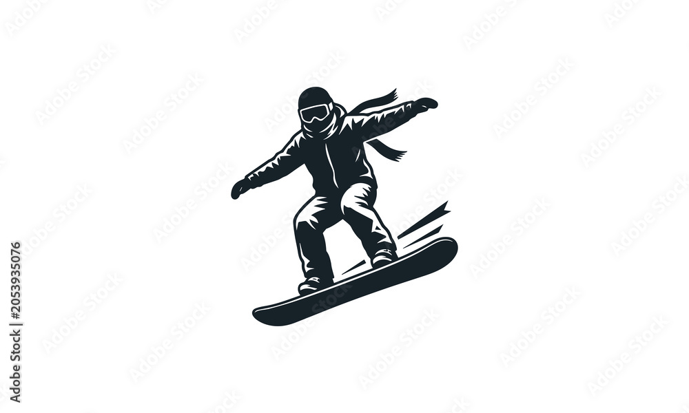 Fototapeta premium Snowboarder jump silhouette clean minimalist black vector logo