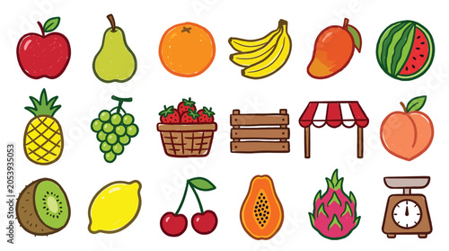 A vibrant collection of fresh fruits and market elements, perfect for healthy eating and grocery themes.