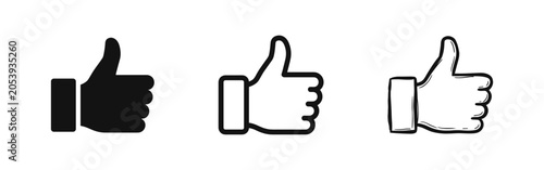 Cuadro en lienzo Thumbs Up Like Icon Set in Three Styles: Solid, Outline, and Hand-Drawn Sketch f