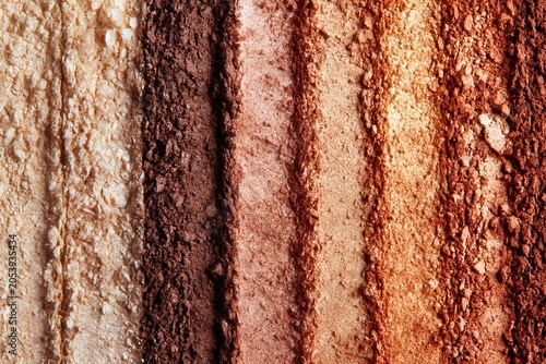 Crushed Powder Makeup Eyeshadow Palette Close-Up with Warm Beige Brown Gradient Shimmer Texture