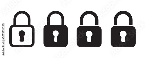 Black padlock icon variations for mobile application interface security and privacy development.
