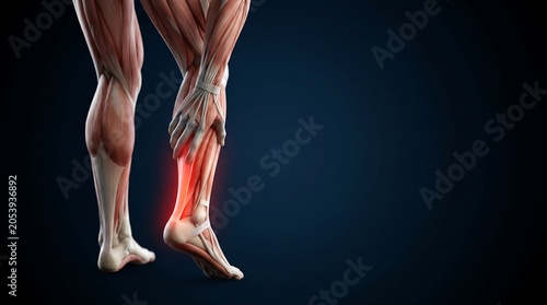 Detailed anatomical illustration of a human leg with a highlighted achilles tendon area, representing pain or discomfort, for human muscular system education.