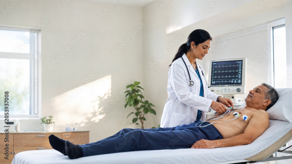 Obraz premium A doctor is conducting an electrocardiogram (ECG) on an elderly patient lying on an examination table. Medical examination and care.