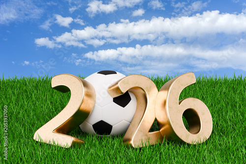 Golden 2026 numbers with a soccer ball on green grass against a blue sky. 3d rendering