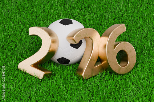 Golden 2026 numbers with a soccer ball on a green grass field. 3d rendering