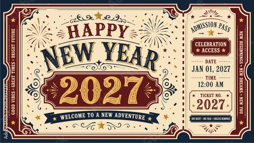 Happy New Year 2027 Vintage Ticket Poster Vector, Retro New Year 2027 Celebration Ticket Invitation Design, Classic 2027 New Year Event Ticket Greeting Banner