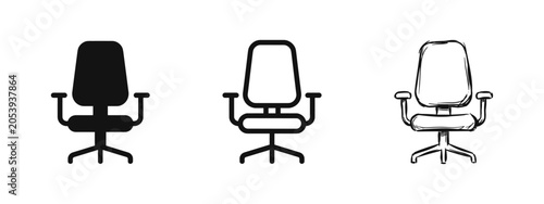 Konstfotografi Office Desk Chair Icon Set in Three Variations: Solid, Line Art, and Hand-Drawn