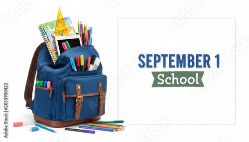 Blue backpack filled with colorful school supplies, ready for the new academic year starting on September 1, symbolizing preparedness and enthusiasm for learning.