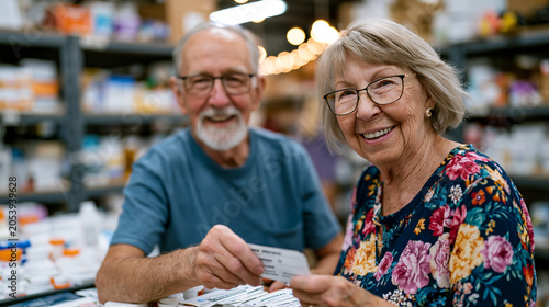 Retired missionary couple organizing donated medical supplies in a church storeroom, mission trips global health faith outreach humanitarian service elderly volunteerism community compassion religio