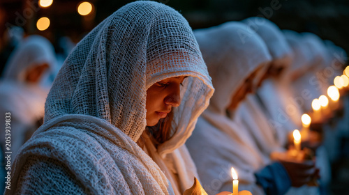 Row of Coptic Christians in white head coverings standing in candlelight during a late-night Easter vigil service, ancient liturgy Coptic Christian minority heritage faith endurance North Africa tra