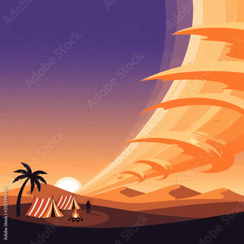 Billede på lærred Camping in desert landscape with sandstorm approaching at sunset