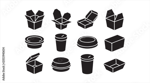 Black silhouette takeaway packaging icon set with disposable food boxes, beverage cups and meal containers for restaurant delivery and catering graphics