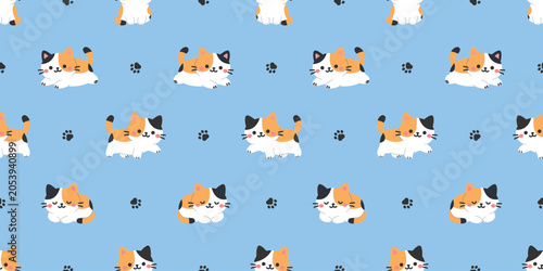 Seamless pattern of cute kawaii calico cat flat design style collection, vector illustration