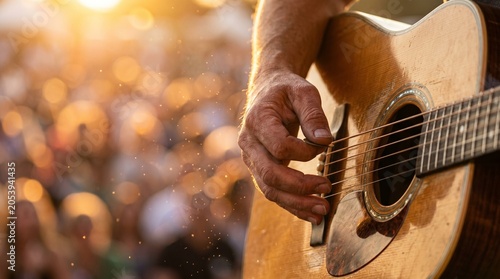 Musician plays acoustic guitar at outdoor concert with crowd and sunset