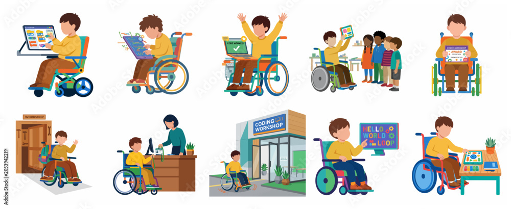 Fototapeta premium Inclusive education vector illustrations set featuring a young boy in a wheelchair learning computer programming, attending a coding workshop, and receiving an award.