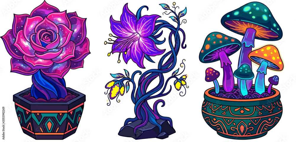 Obraz premium Fantasy Bioluminescent Alien Flora Vector Set Featuring Cosmic Succulent Rose, Glowing Magic Flower, and Psychedelic Mushrooms in Potted Planters for Sci-Fi Graphic Designs