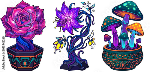 Fantasy Bioluminescent Alien Flora Vector Set Featuring Cosmic Succulent Rose, Glowing Magic Flower, and Psychedelic Mushrooms in Potted Planters for Sci-Fi Graphic Designs