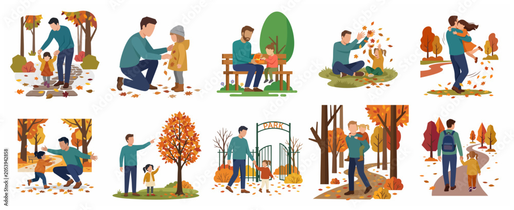 Fototapeta premium Flat illustration set of father and daughter enjoying autumn outdoor activities in the park, parenting and childhood bonding concept