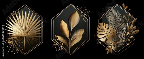 Three golden botanical designs in hexagonal frames with decorative dots on black background