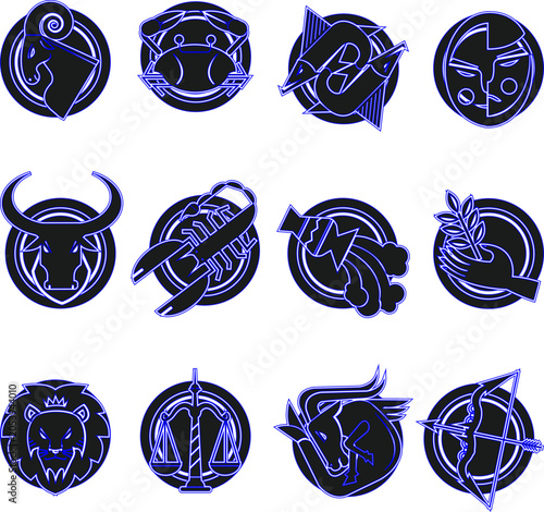  Zodiac signs collection dark black white decor.eps