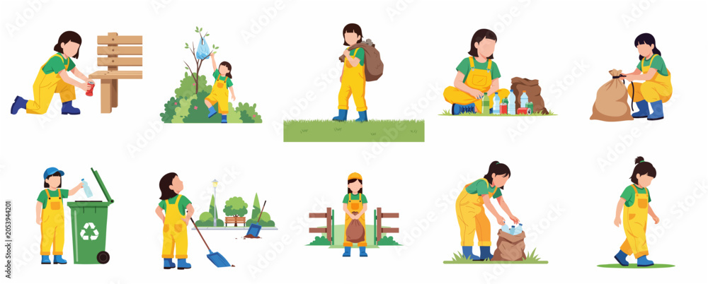 Fototapeta premium Flat Vector Illustration Set of a Young Girl Cleaning Up Trash and Recycling in the Park