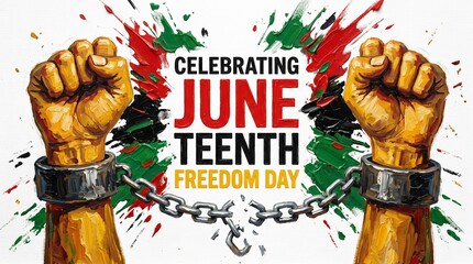 Raised Fists Celebrating Juneteenth Freedom Day with Chains and Festive Background