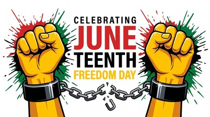 Raised Fists Celebrating Juneteenth Freedom Day with Chains Broken in Vibrant Graphic Style