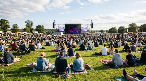 People gather on grassy field watching live music event outdoors in daytime