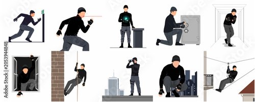 Photos Professional burglar and thief character set in various heist actions and poses