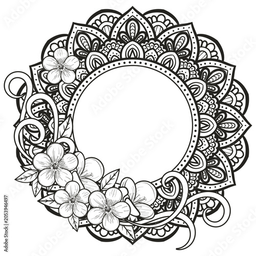 Hand Drawn Floral Mandala Circle Frame with Intricate Ornamental Line Art for Coloring Book